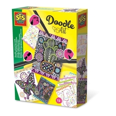 SES Creative Doodle Art Inkleur-Kaarten 12 Stuks + 3 Zwarte Stiften